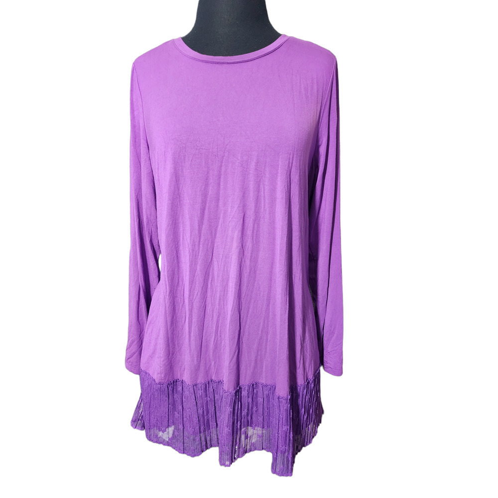 LOGO by Lori Goldstein Top Broomstick Mesh Hem Purple sz L